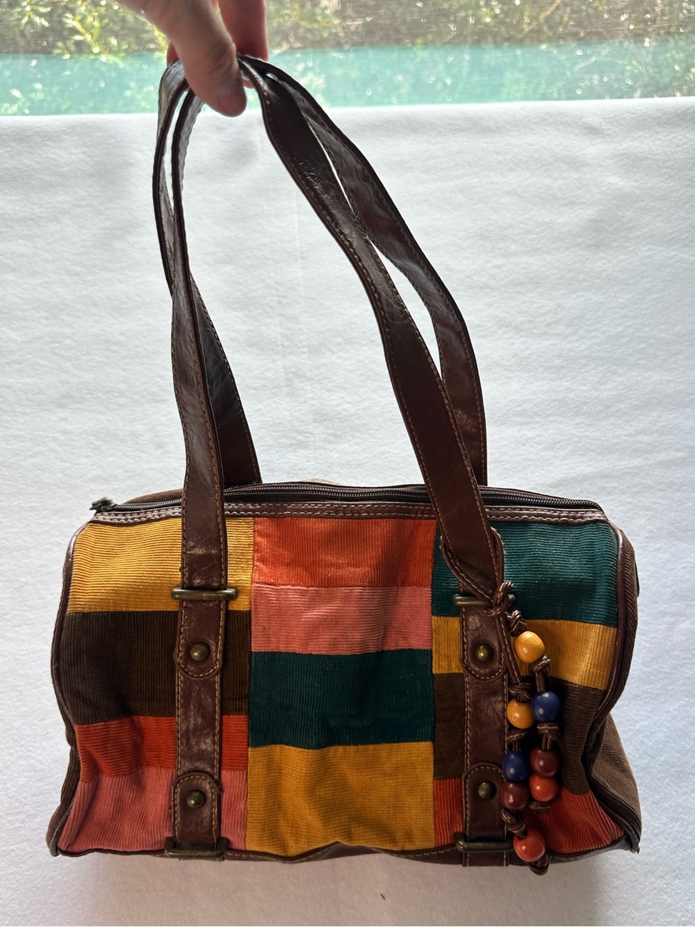Vintage Chateau Corduroy Patchwork Bag Boho Y2K Barrel Shoulder Purse